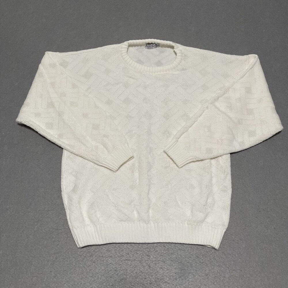 Vintage TAG Sweater Men Large Off White Argyle Waffle Knit VNeck 80s Made In USA